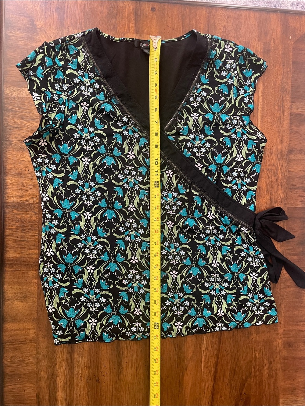 Style & Co. Black Floral Wrap Top with Teal and Green Print - Picture 6 of 9